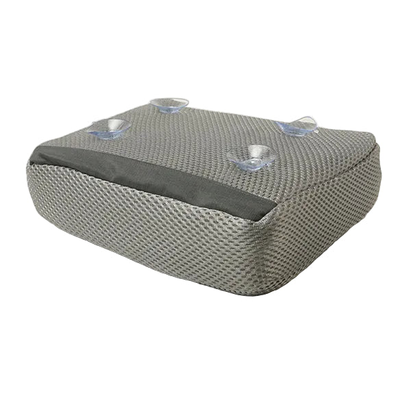 A gray textured rectangular cushion or pet bed with four clear suction cup feet on top, shown on a plain light background.