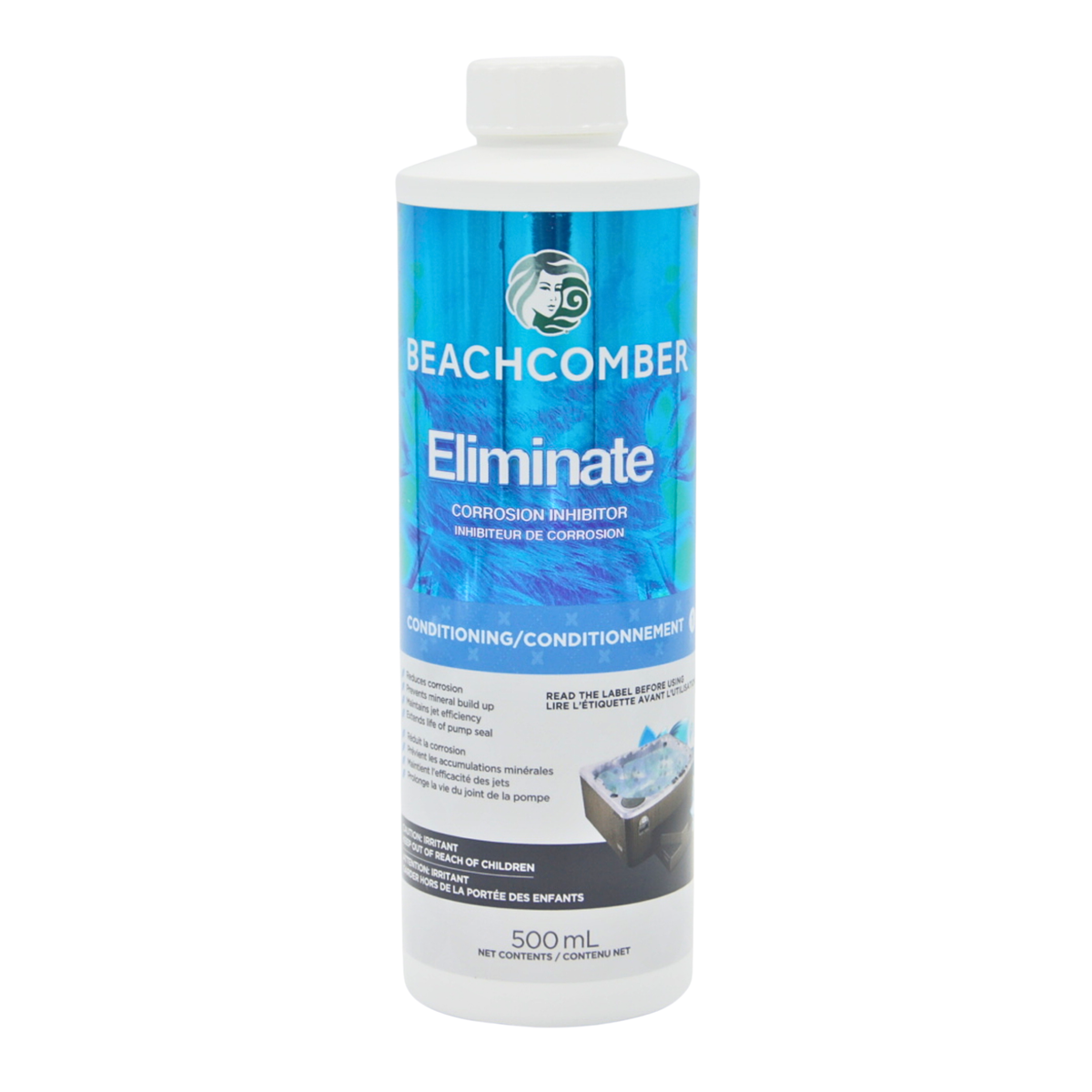 A 500 mL bottle of Beachcomber Eliminate corrosion inhibitor conditioning gel, featuring a blue and white label with a white cap, shown on a plain white background.