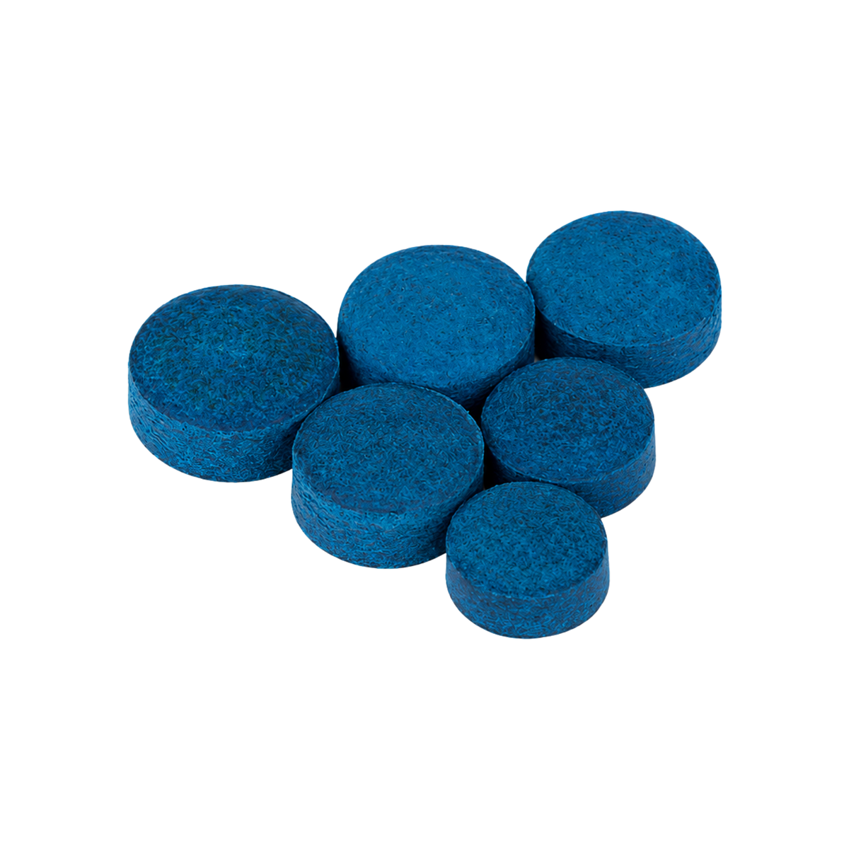 Six blue Elkmaster cue tips in sizes 10mm through 14mm, with round, textured tops and short cylindrical sides placed on a white background.
