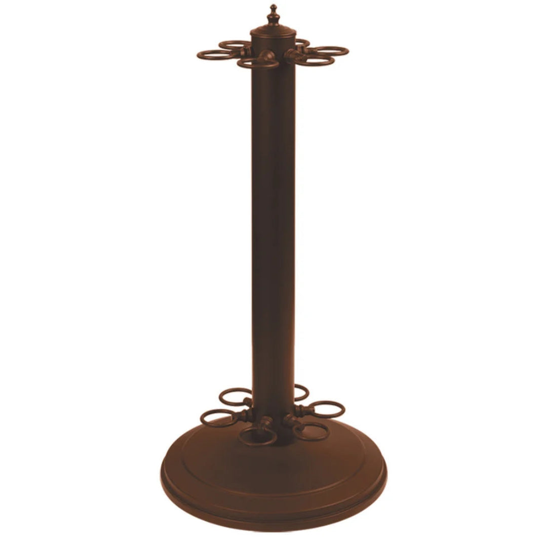 A Bronze/Deep Brown metal cue with the color name English Tudor; which holds 6 cues with a round base on a white background