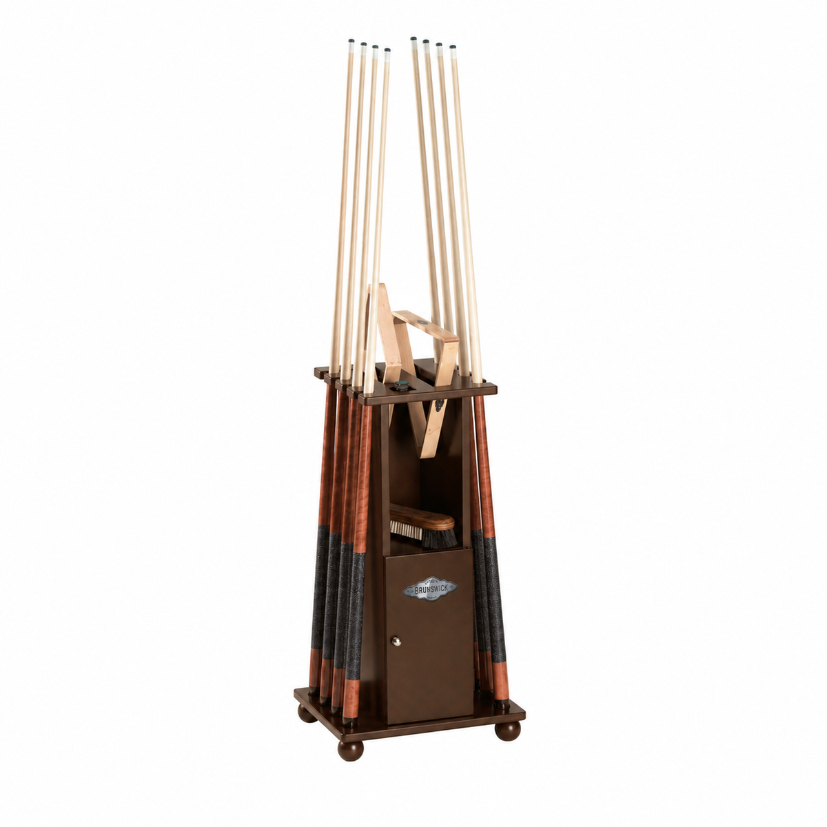 A darker "espresso" brown colored floor cue rack, shown holding 8 pool cues with a 8 ball and 9 ball rack. on a shelf below there is a pool table brush, all on a plain white background.