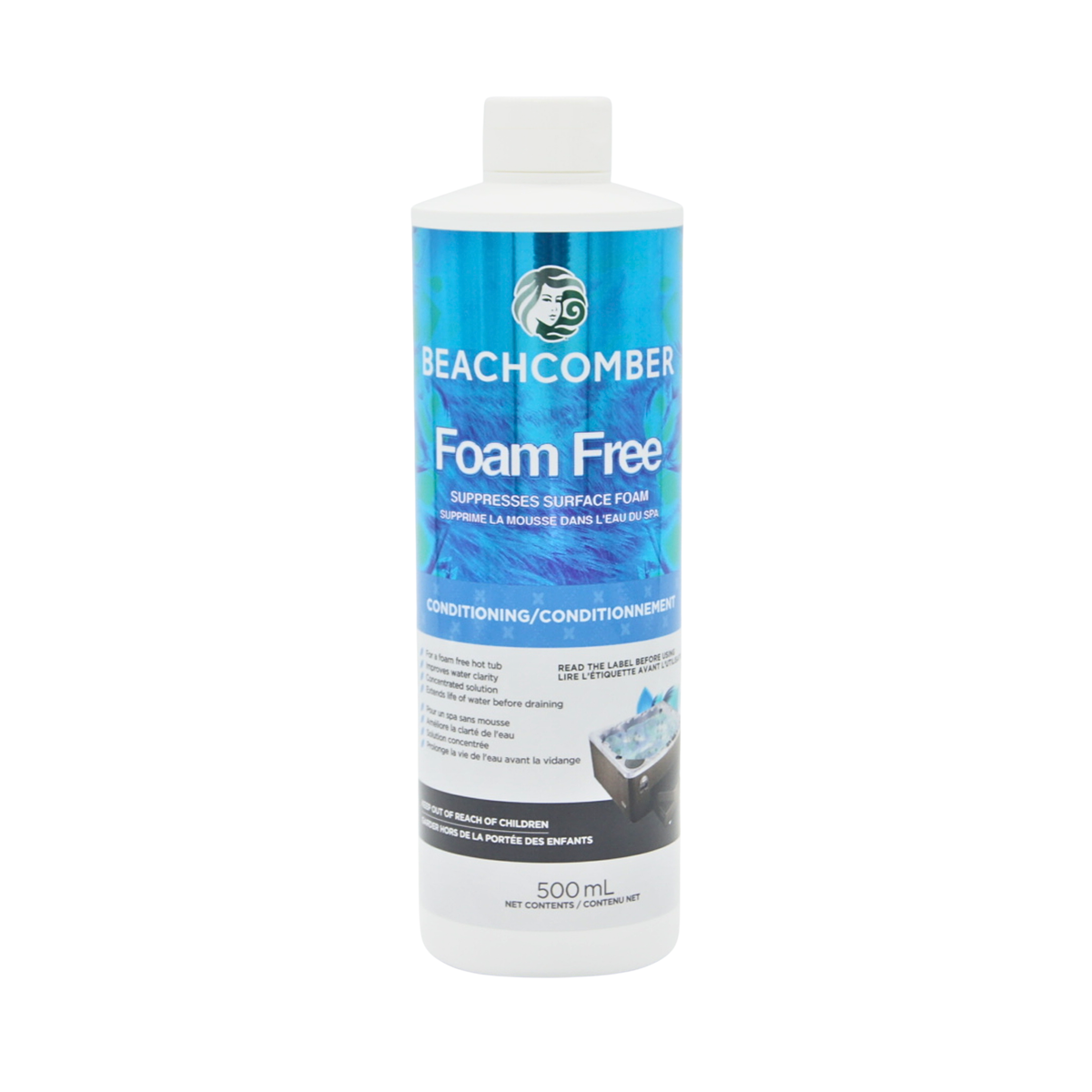 A 500 mL white plastic bottle of Beachcomber Foam Free suppressant surface foam, featuring a blue and white label with the Beachcomber logo, on a solid white background.