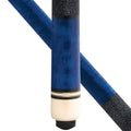 Close-up of a blue billiards cue with a textured blue and black shaft, a cream-colored ferrule, and a black tip, shown against a white background with a secondary diagonal view of the shaft.