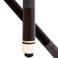 Close-up of a billiards cue stick showing the dark brown wood shaft, a cream-colored butt, and a black tip, with a second diagonal view of the shaft in the background.