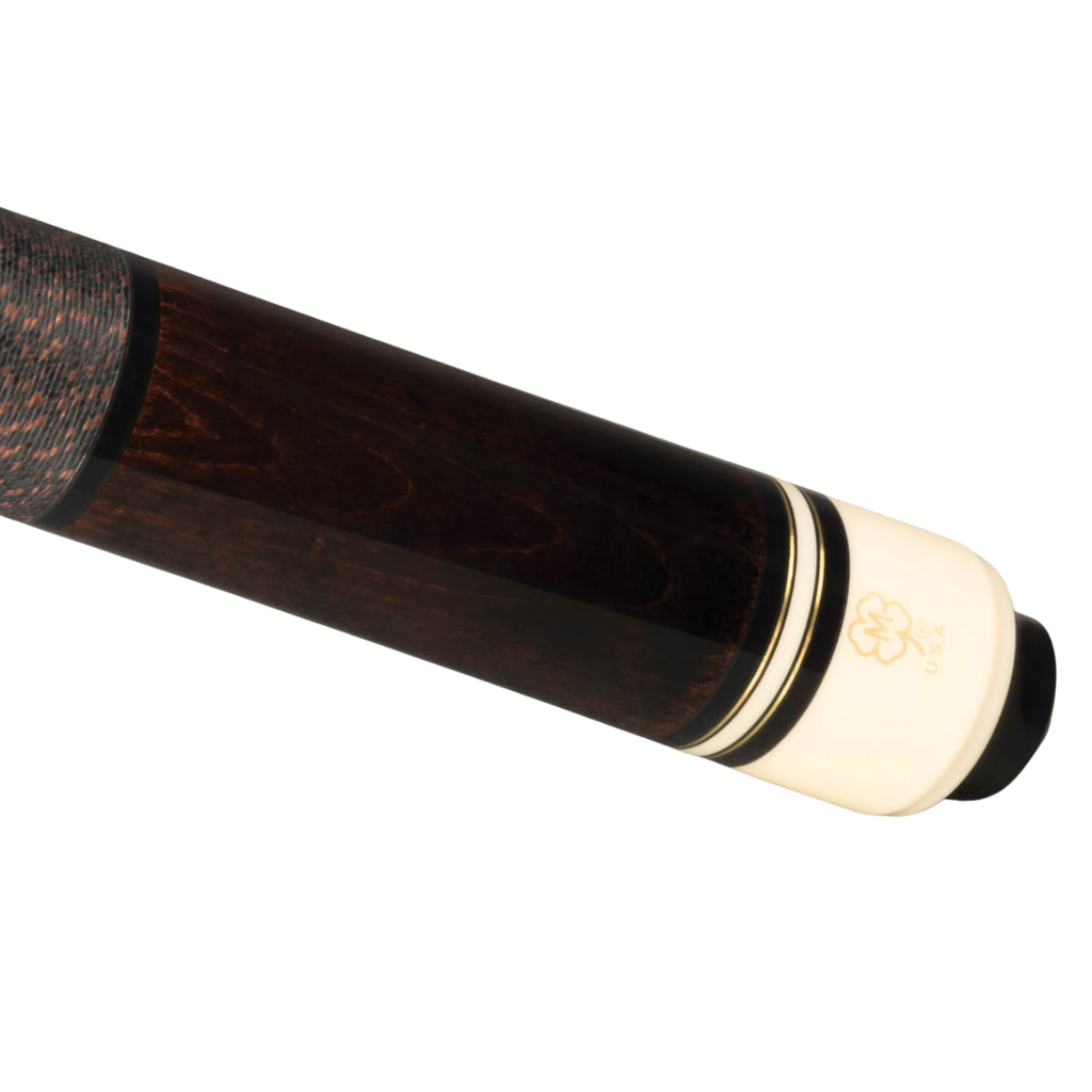 Close-up of a billiards cue shaft with a dark brown wood finish and a cream-colored tip featuring a gold-embossed logo, set against a plain white background.