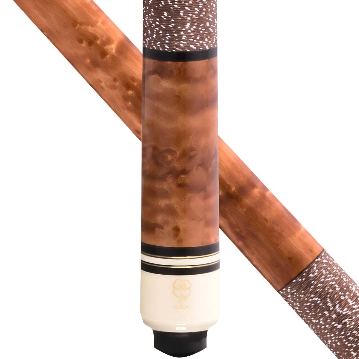 Close-up of a billiards cue shaft and head on a white background, showing a warm brown burl wood finish, black and gold decorative bands, and a cream-colored  butt with a gold logo.