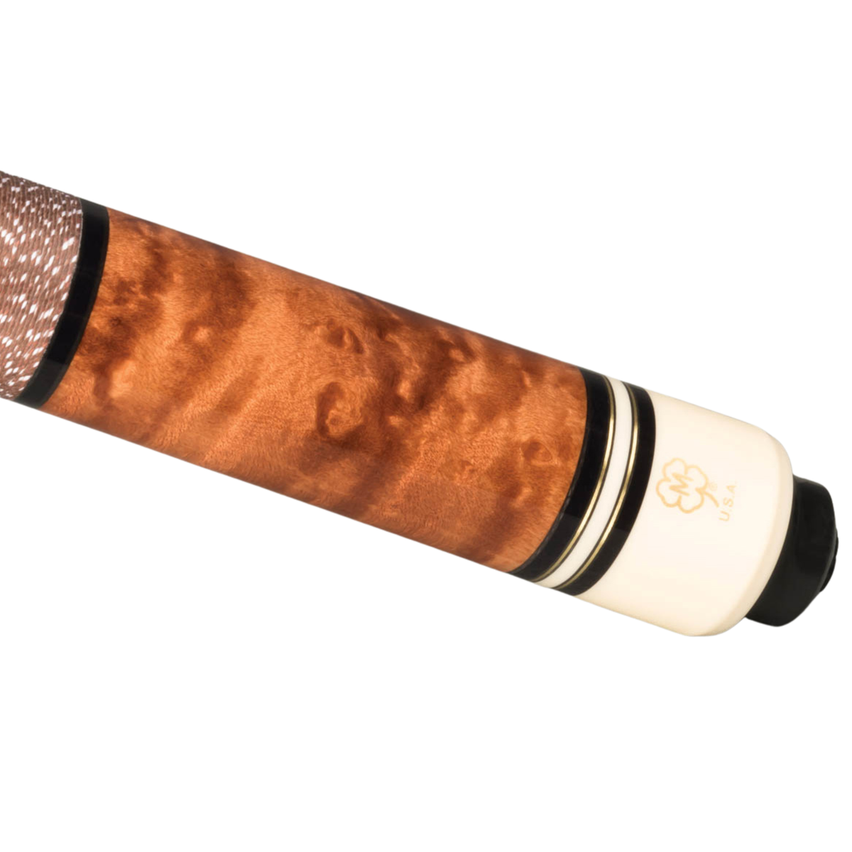 Close-up of a billiards cue shaft featuring a rich burl wood grain handle in warm brown tones, accented with black and gold stripes, and a cream-colored end cap with a gold clover logo.