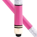 A close-up studio shot of a pink pool cue with a speckled white and black grip and a cream-colored tip section, shown against a plain white background.