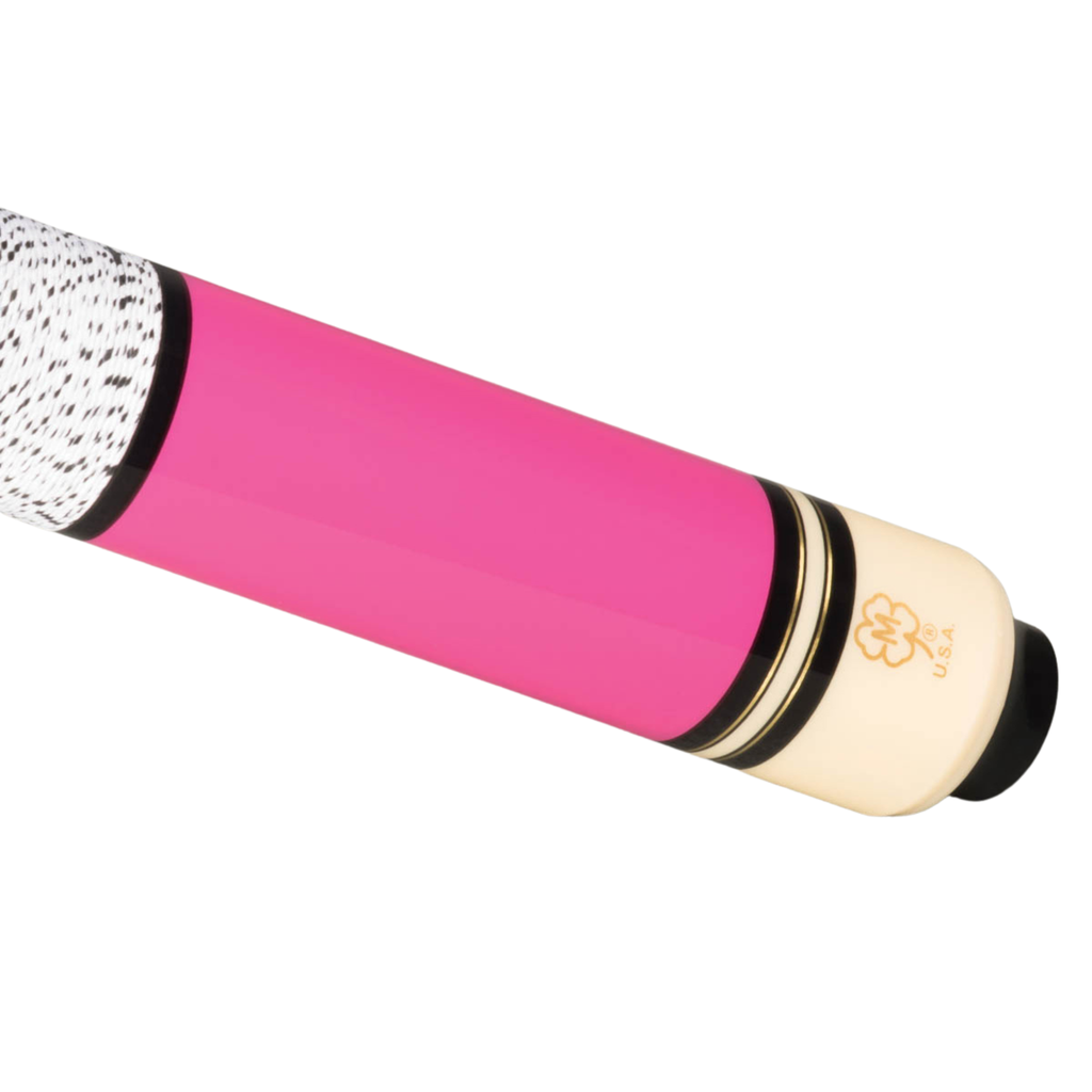A close-up of a billiards cue shaft featuring a vibrant pink grip, a cream-colored end piece with gold branding, and a black-and-white speckled butt cap, set against a plain white background.