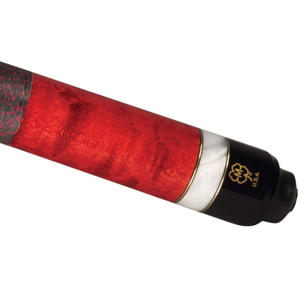 Close-up of a cue stick shaft with a textured red and black wood grain finish, a silver metallic band, and a black butt cap featuring a gold four-leaf clover logo and 'U.S.