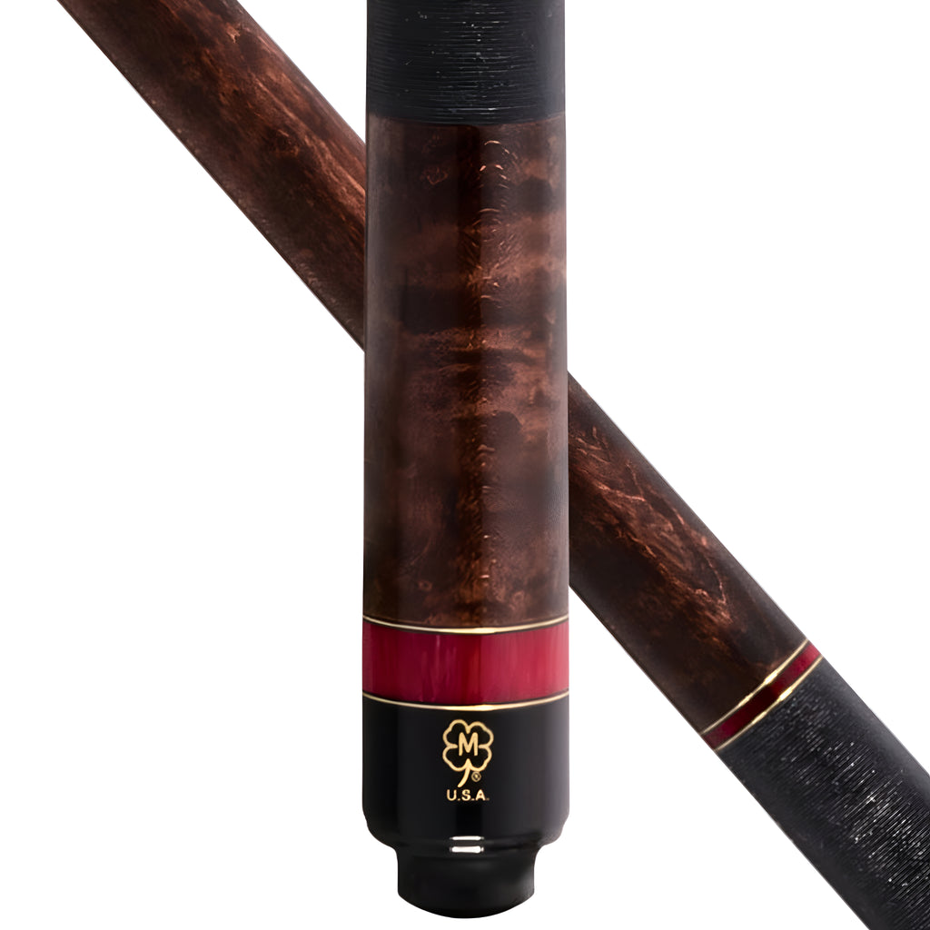 Close-up studio shot of a billiards cue shaft with a dark brown wood grain finish, a red and gold band near the butt, and a black grip. A second angled view of the shaft appears behind it on a white background.