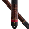 Close-up studio shot of a billiards cue shaft with a dark brown wood grain finish, a red and gold band near the butt, and a black grip. A second angled view of the shaft appears behind it on a white background.