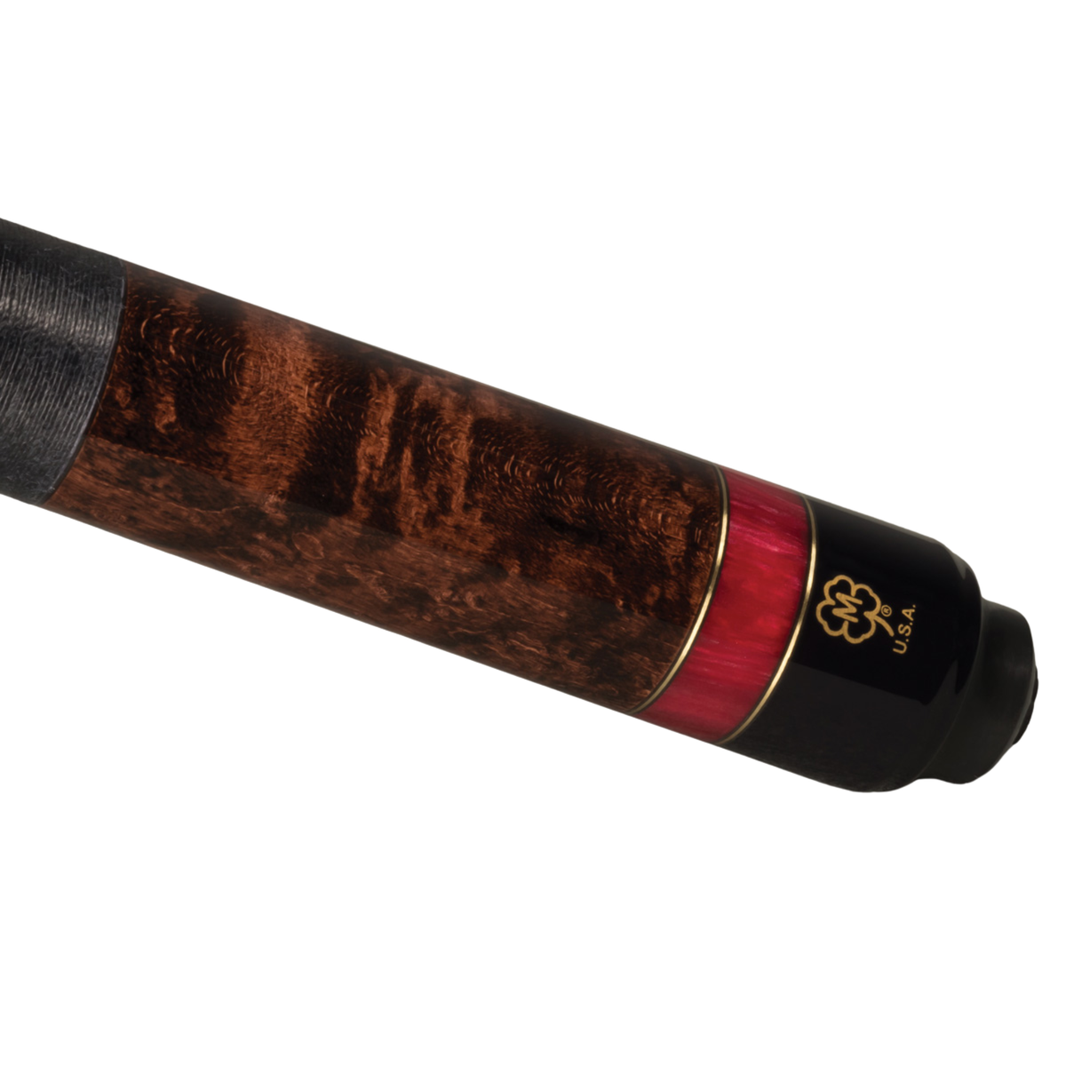 Close-up of a billiards cue shaft showing a dark brown burl wood finish, a red inlay, and a black tip with a gold logo and 'USA' text.
