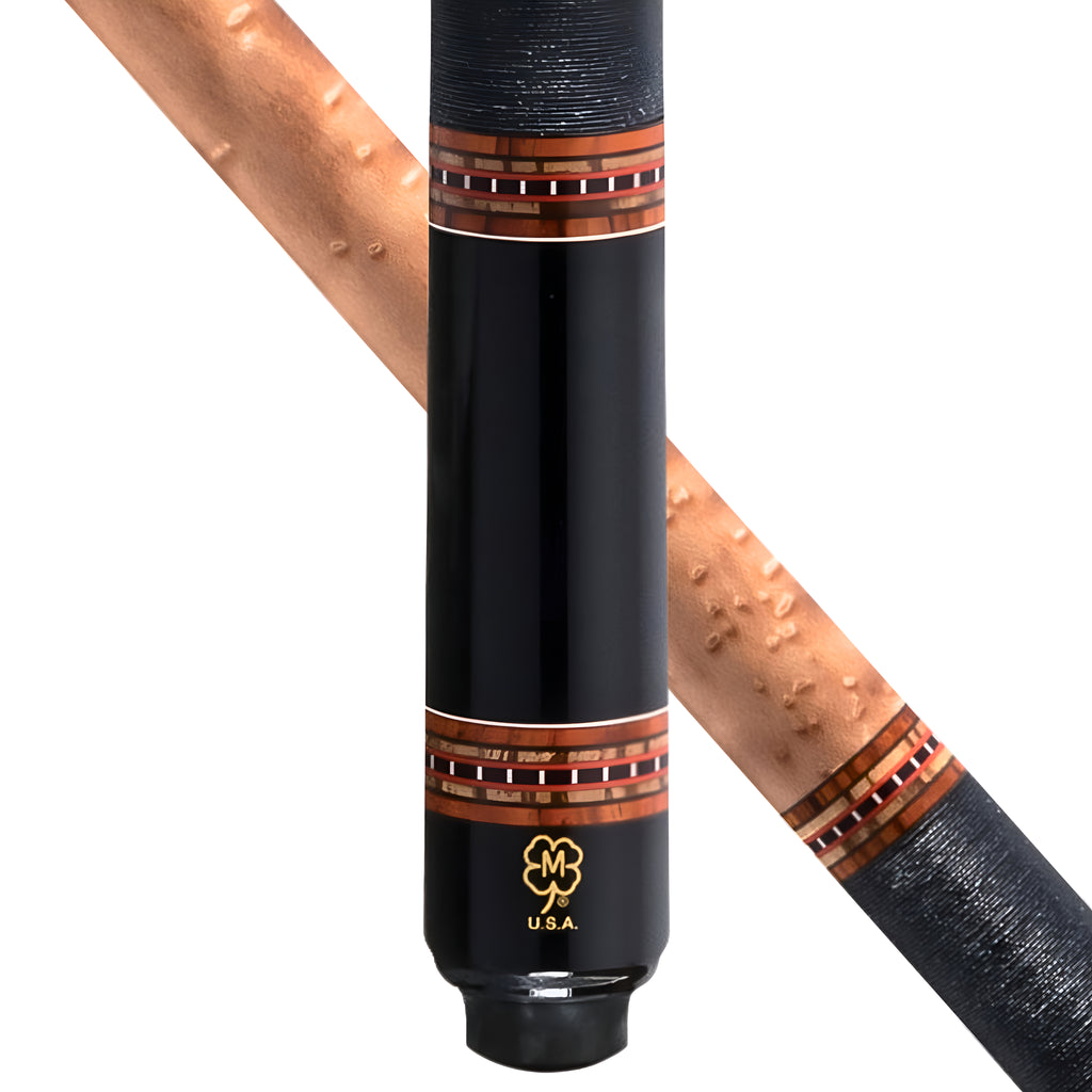 Close-up of a black cue shaft with decorative brown and gold bands, shown against a white background with a diagonal secondary view of the shaft.