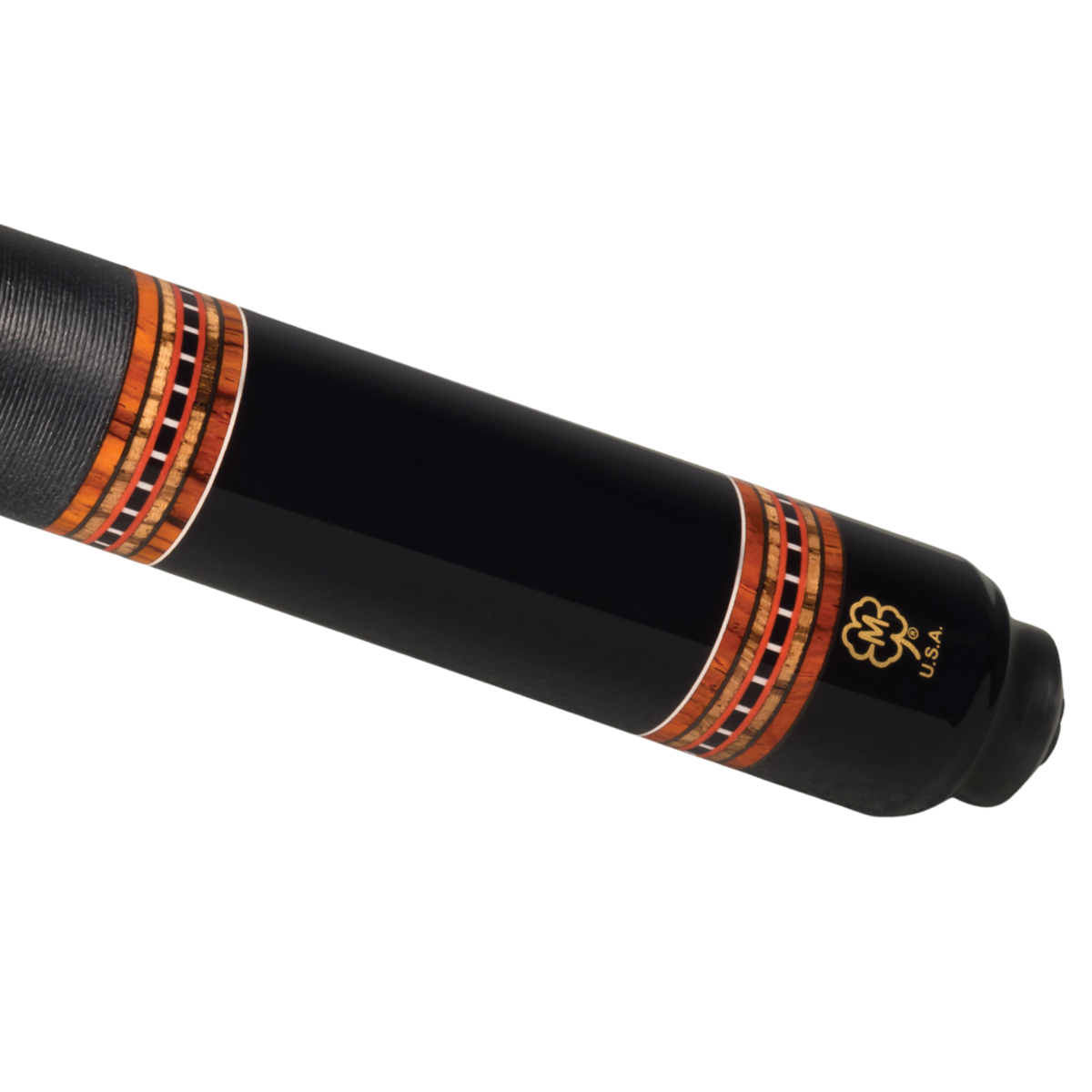 Close-up of a black pool cue shaft with decorative orange and gold striped bands and a gold U.S.
