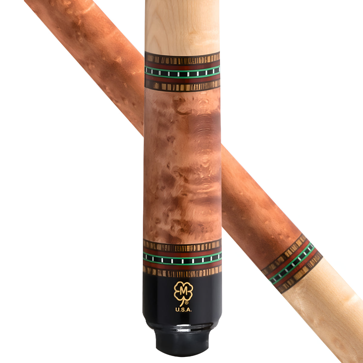 Close-up of a wooden cue shaft with a copper-toned burl wood finish, decorative green and gold inlay bands, and a black tip section with a gold 'm' logo and 'USA' text. A second view of the shaft runs diagonally behind it on a white background.