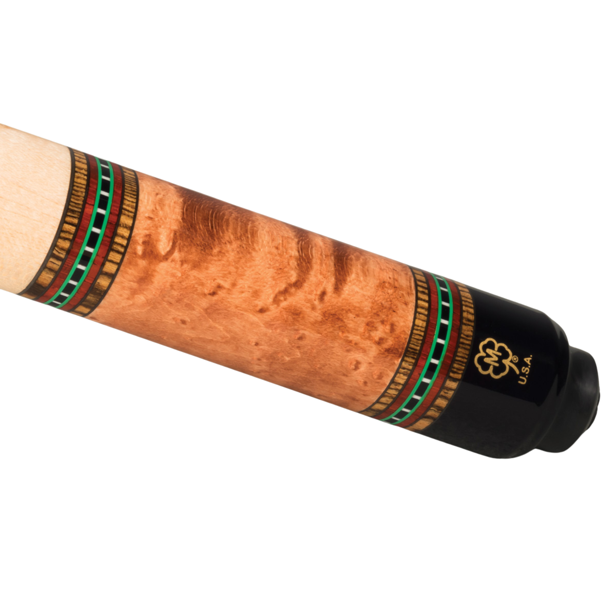 Close-up of a cue stick shaft showing a warm brown burl wood grain finish with decorative green, red, and gold patterned bands, plus a black tip cap with a gold U.S.