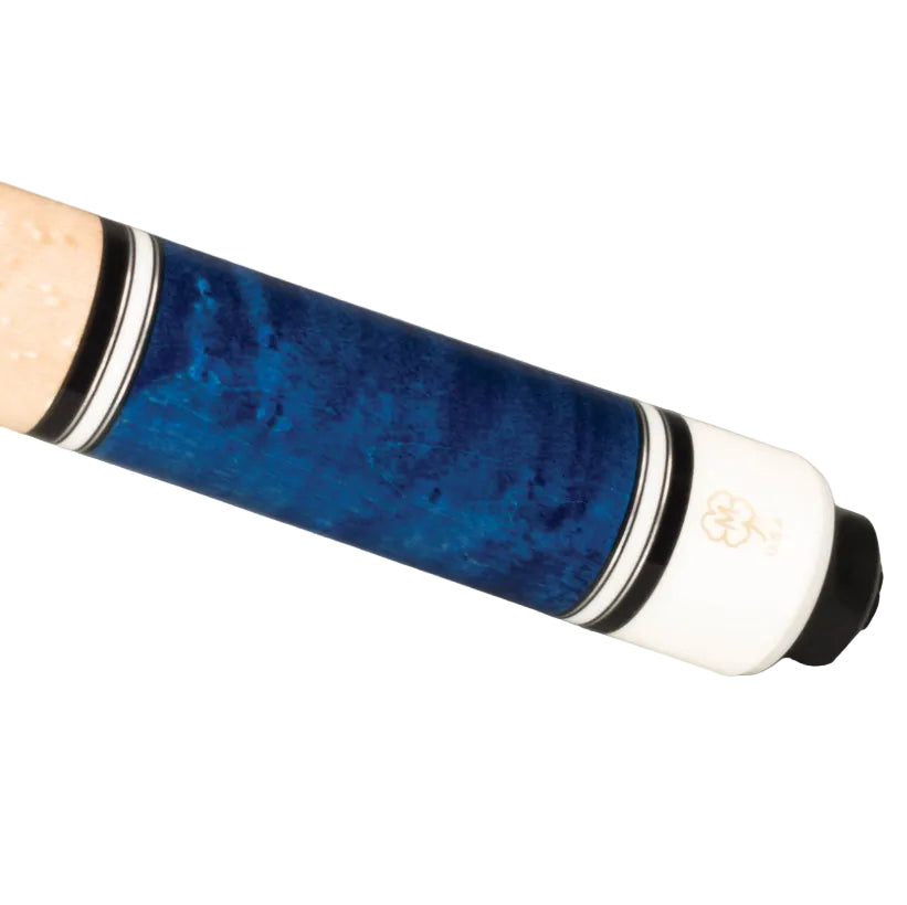 Close-up of a pool cue shaft with a blue marbled finish, featuring black and white stripes, a natural wood end, and a white tip with a gold logo on a gray background.