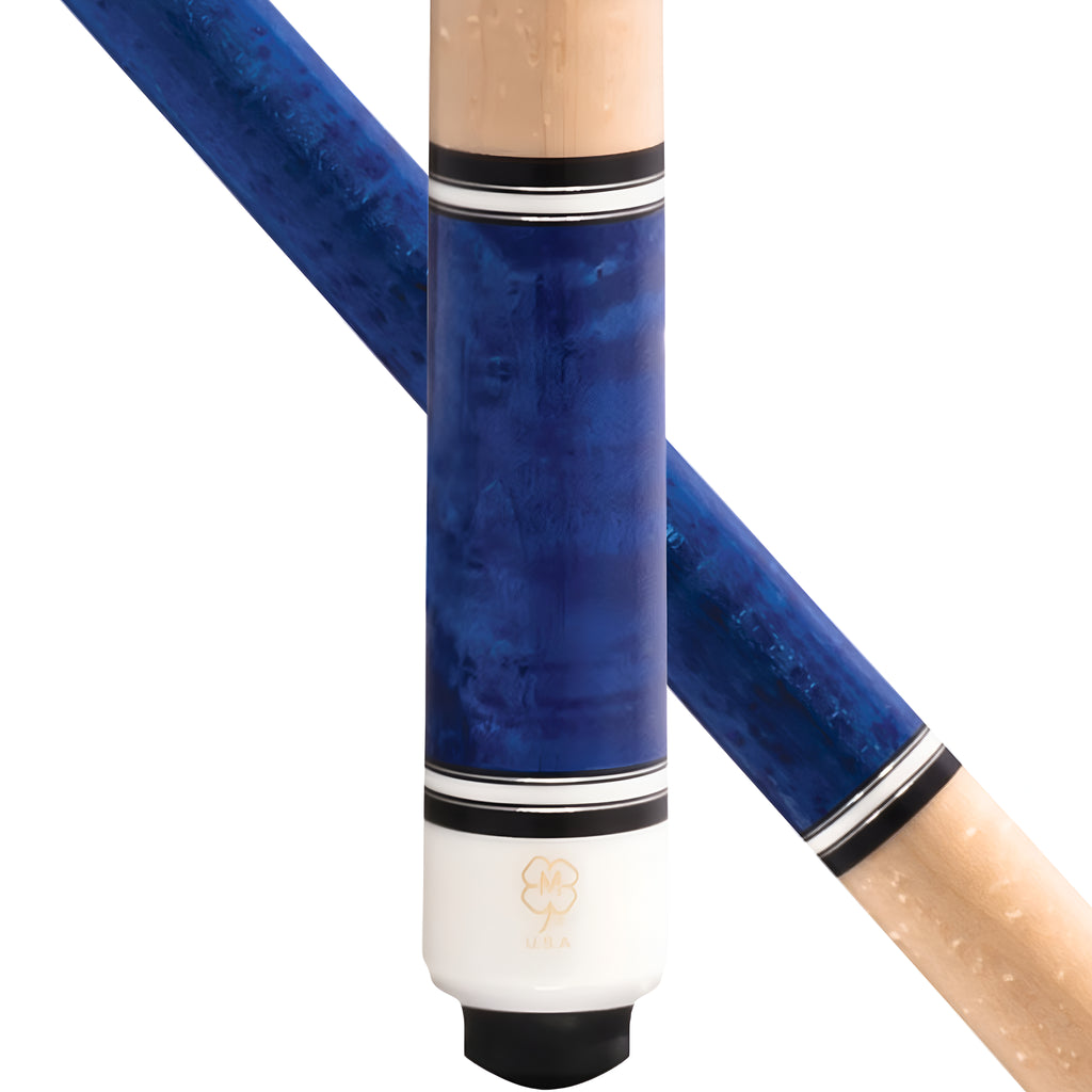 Close-up of a pool cue showing a blue wood grained section, white ferrule band with black trim, and natural wood shaft on a white background.