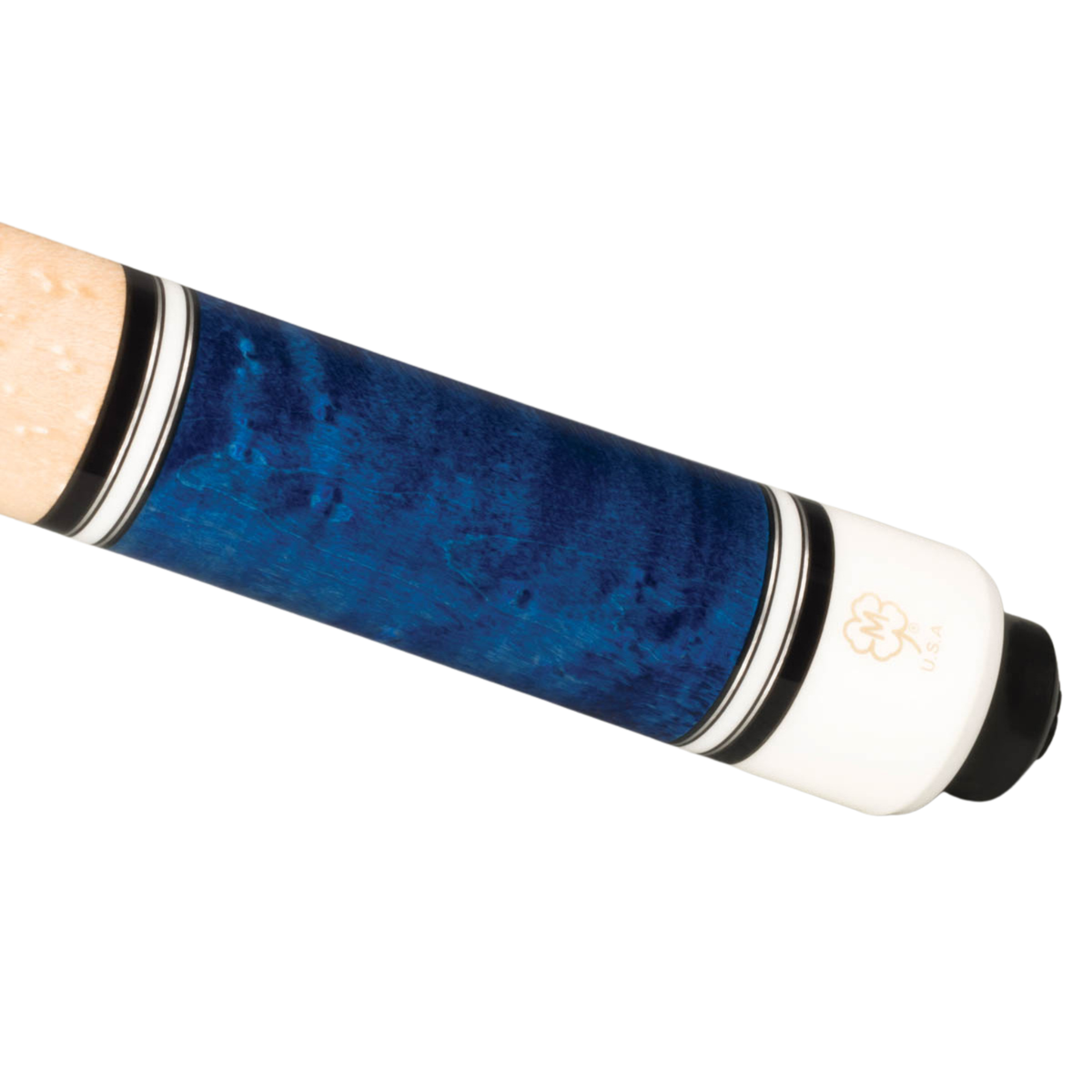Close-up of a billiards cue shaft with a textured blue and navy wrap, black and white stripes, a white tip, and a gold logo on a white background.