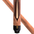 Close-up of a cue stick shaft with a copper-toned finish, black and beige decorative graphics, and a black butt cap featuring a gold 'm' logo and 'USA' text, shown against a white background with a second angled shaft behind it.