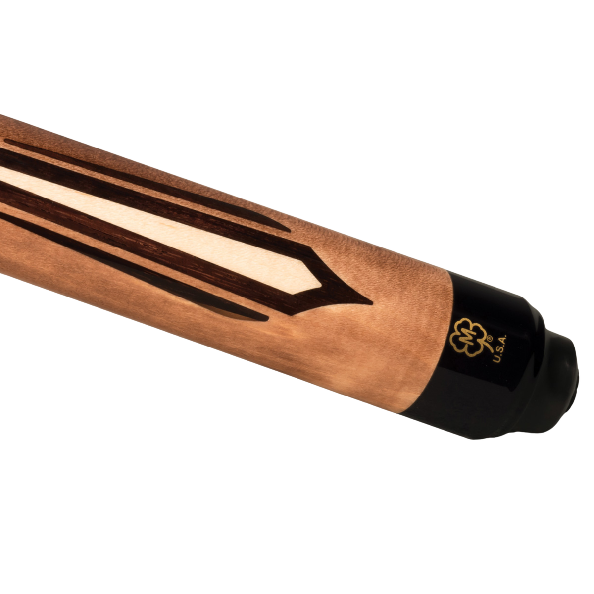 Close-up of a wooden cue shaft with dark inlay stripes and a black butt cap featuring a gold logo, shown on a plain white background.