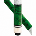 A close-up studio shot of a green burl wood pool cue with a white textured foxing and a gold tree logo near the butt, shown against a plain white background with a diagonal inset view of the full cue shaft.
