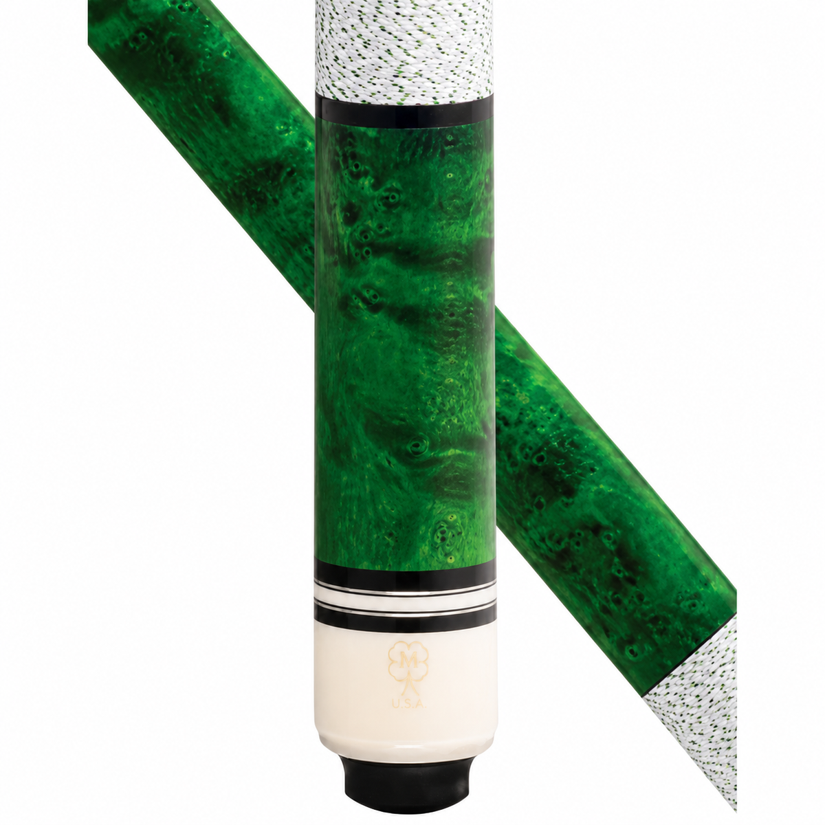 A close-up studio shot of a green burl wood pool cue with a white textured foxing and a gold tree logo near the butt, shown against a plain white background with a diagonal inset view of the full cue shaft.