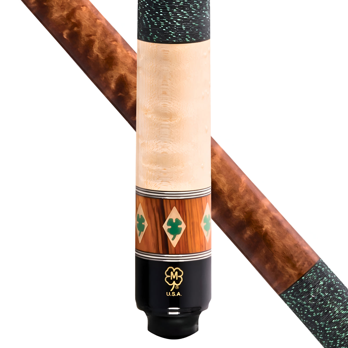 Close-up of a billiards cue shaft with a natural maple wood grip section, green clover inlays, and a black end cap with gold lettering, shown against a white background with a secondary diagonal view of the shaft.