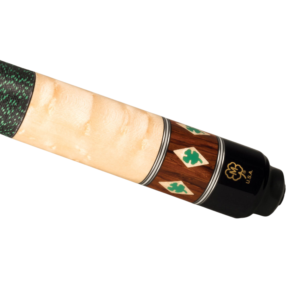 Close-up of a billiards cue shaft showing a light natural wood grip, green and white shamrock inlays on a dark wood section, and a black end cap with a gold club logo and 'USA' text.