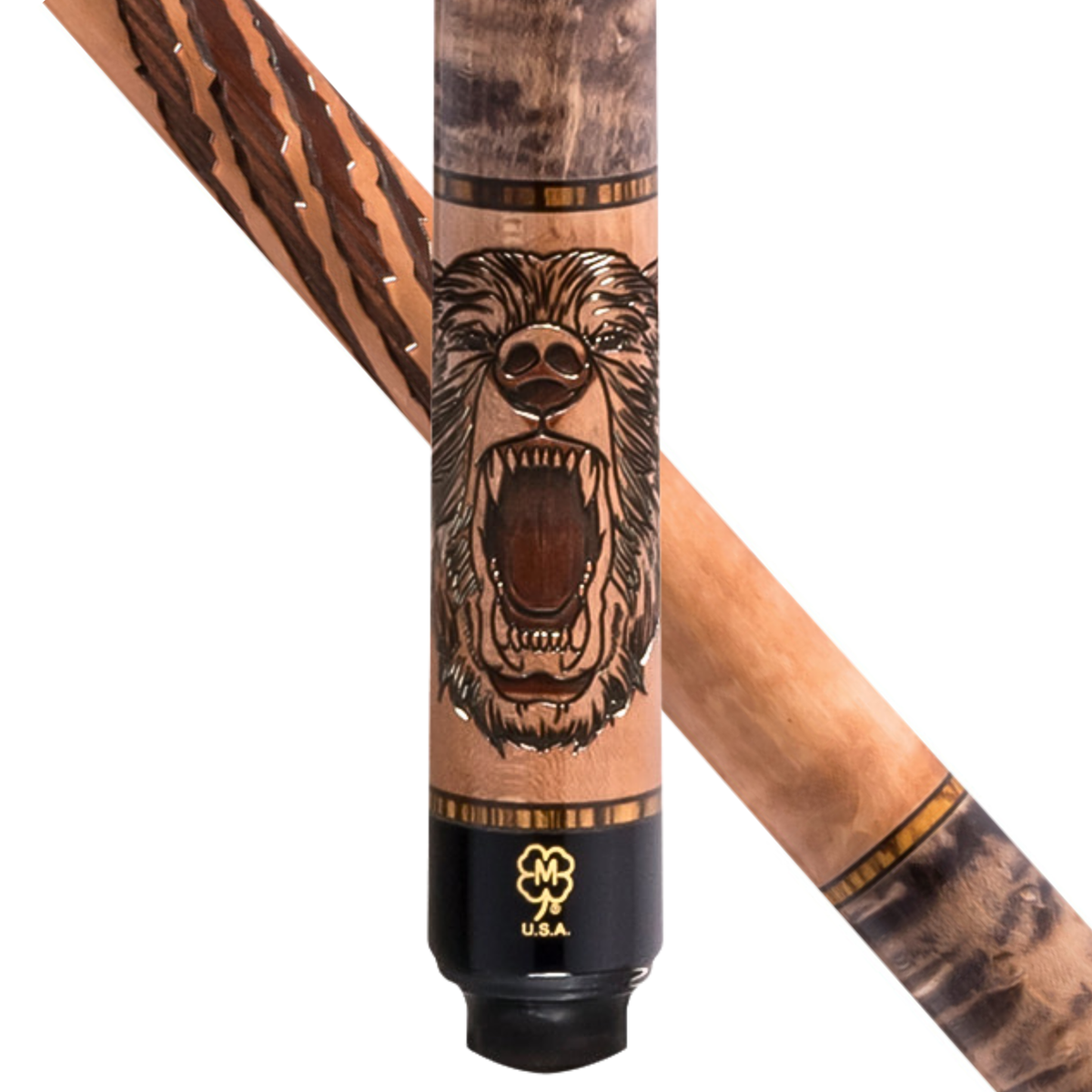 McDermott G339 pool cue detail with roaring bear artwork, brown patterned sections, gold-tone rings and black butt cap.