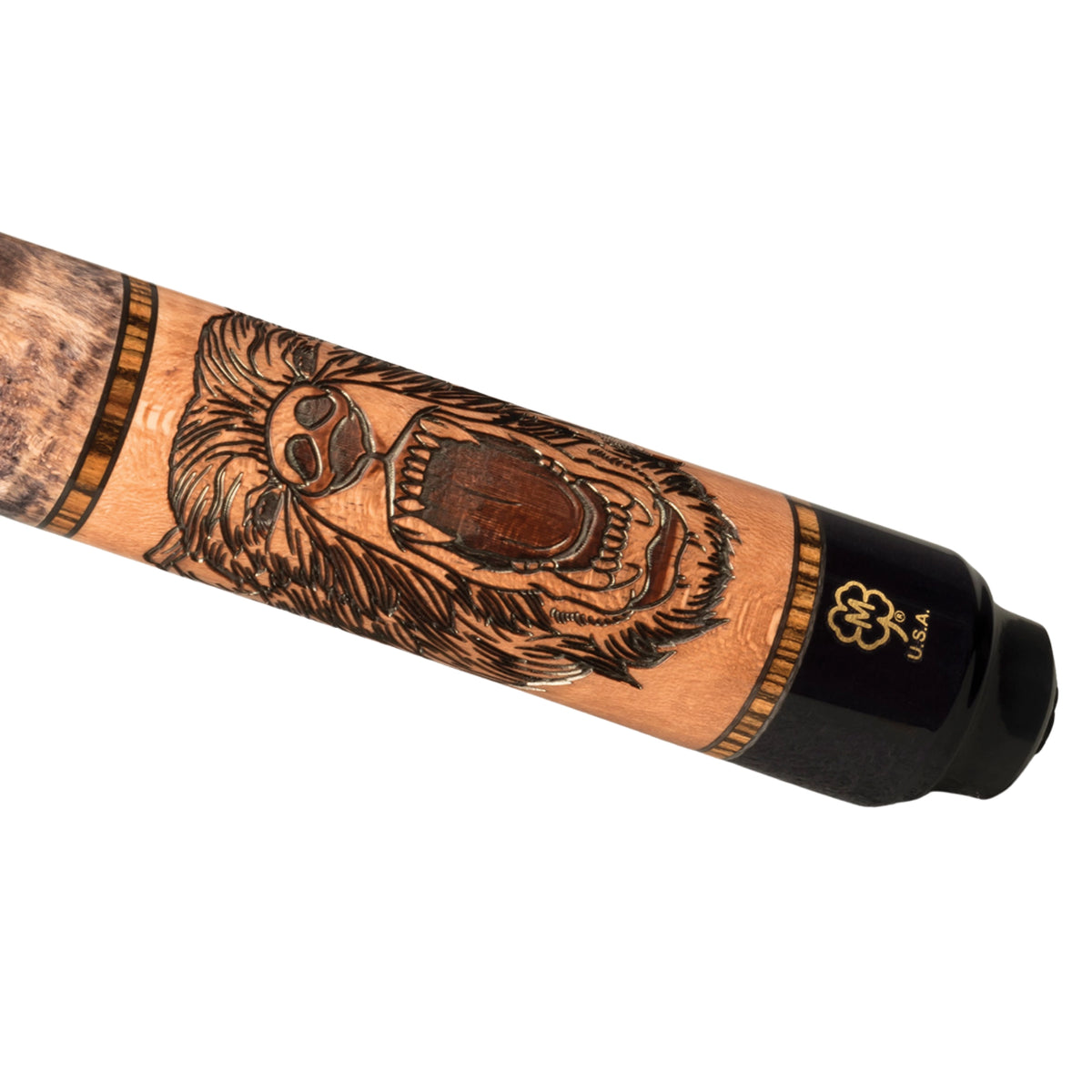McDermott G339 pool cue detail with roaring bear artwork, brown patterned sections, gold-tone rings and black butt cap.