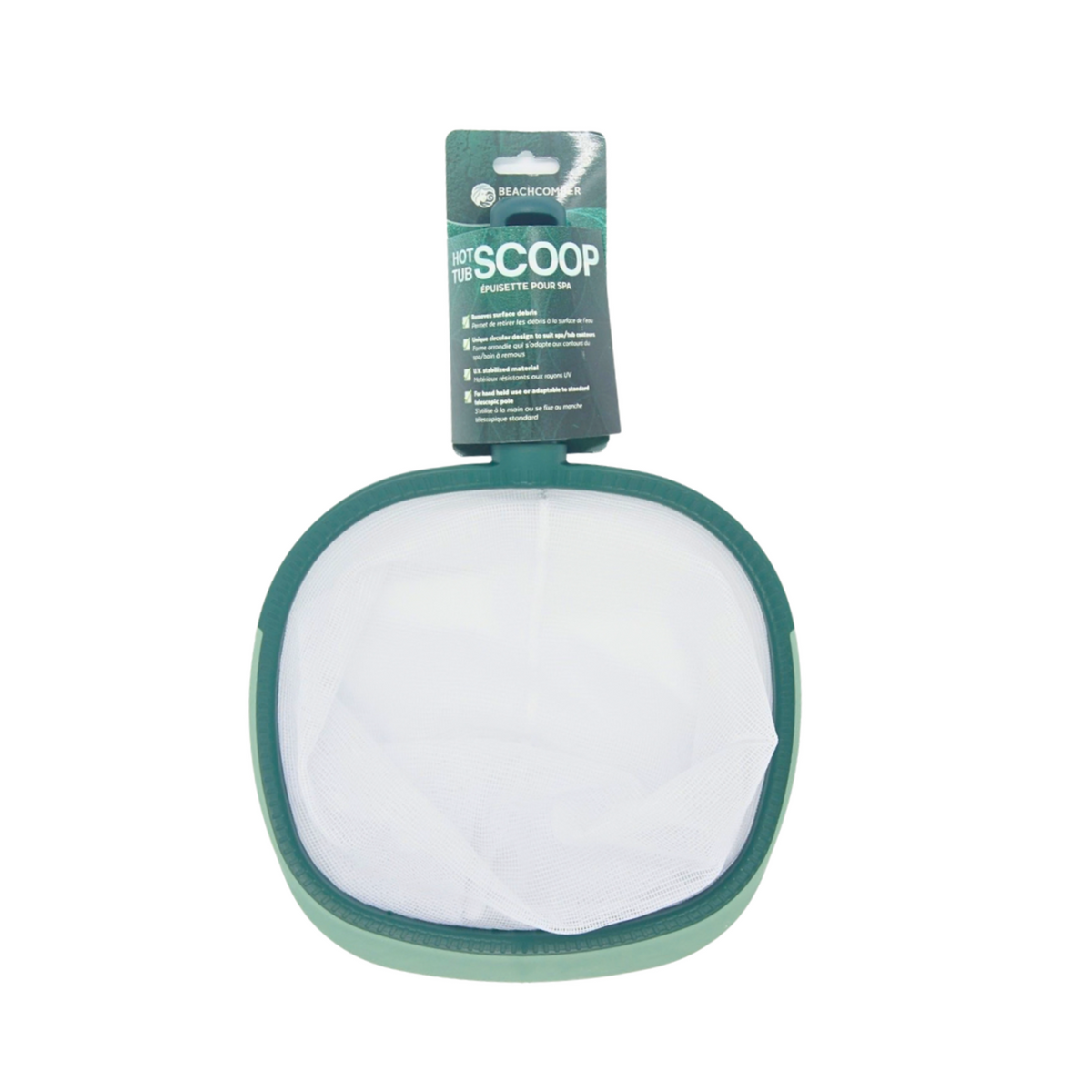 A green and white mesh scoop net in its original packaging, featuring a dark green header card with the brand name 'Beachcomber' and product name 'Hot Tub Scoop'.