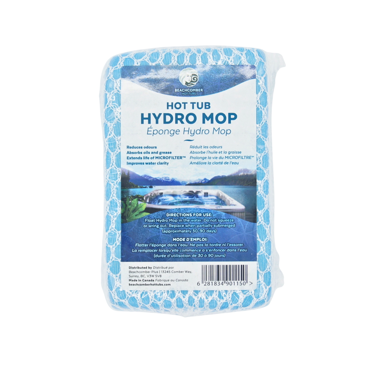 Beachcomber Hot Tub Hydro Mop sponge in a clear plastic bag with a blue and white patterned mat and a central label showing a hot tub scene.