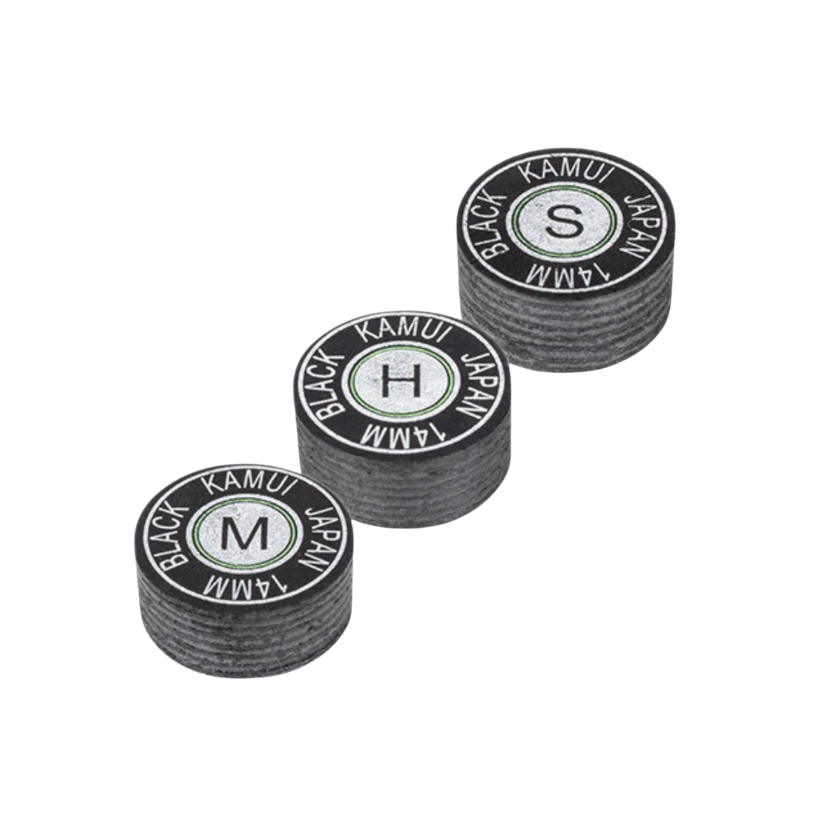 Three round Kamui Black 14mm cue tips with dark layered sides and top labels marked M, H and S, arranged diagonally on a white background