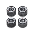 Four Kamui Clear Black 14mm layered cue tips with clear bases, labelled Super Soft, Soft, Medium and Hard.