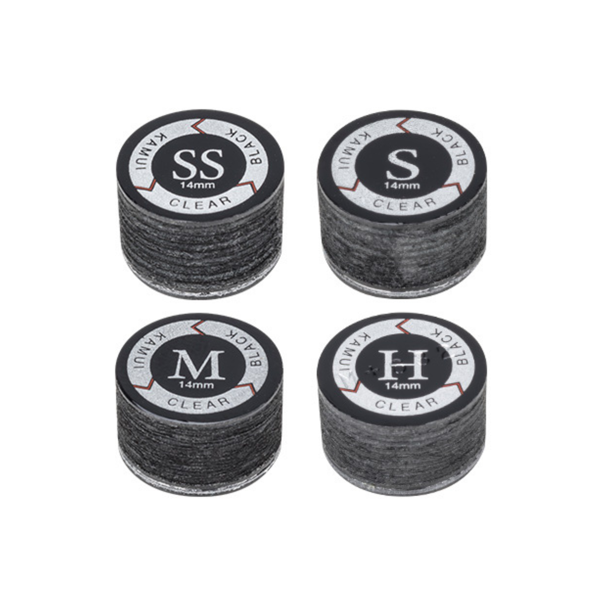 Four Kamui Clear Black 14mm layered cue tips with clear bases, labelled Super Soft, Soft, Medium and Hard.