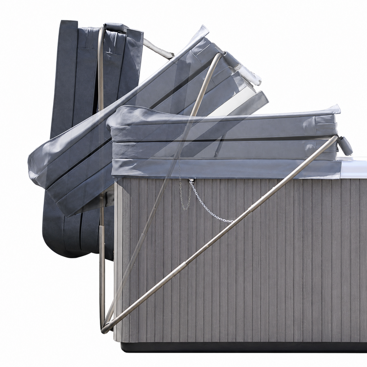 Side view of a grey hot tub with the Lift N Store cover lifter shown in several positions, raising the folded cover into upright storage behind the spa