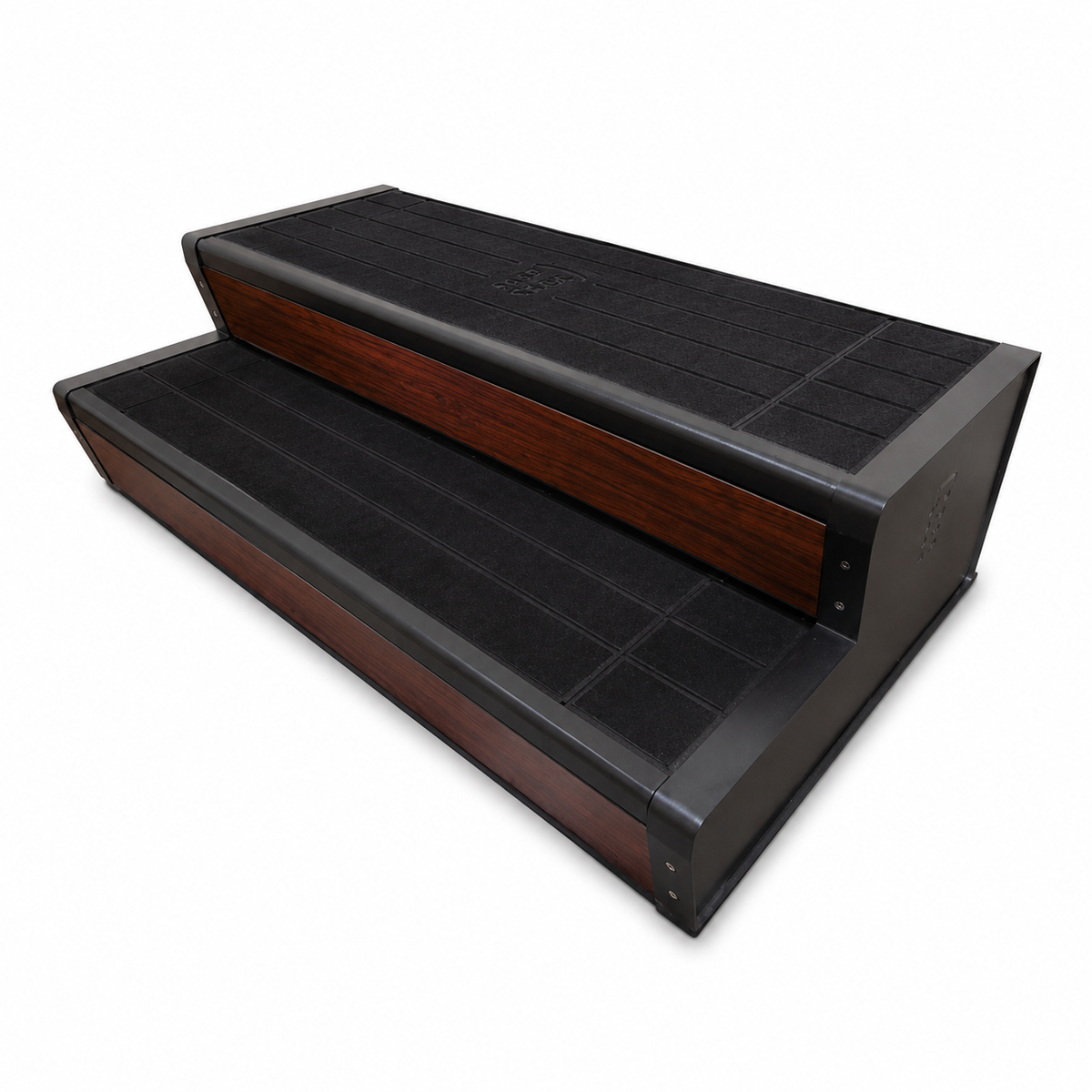 A two-step outdoor pet ramp with black rubberized non-slip textured steps, dark gray metal framing, and reddish-brown wood grain panels on the sides, shown on a plain white background.