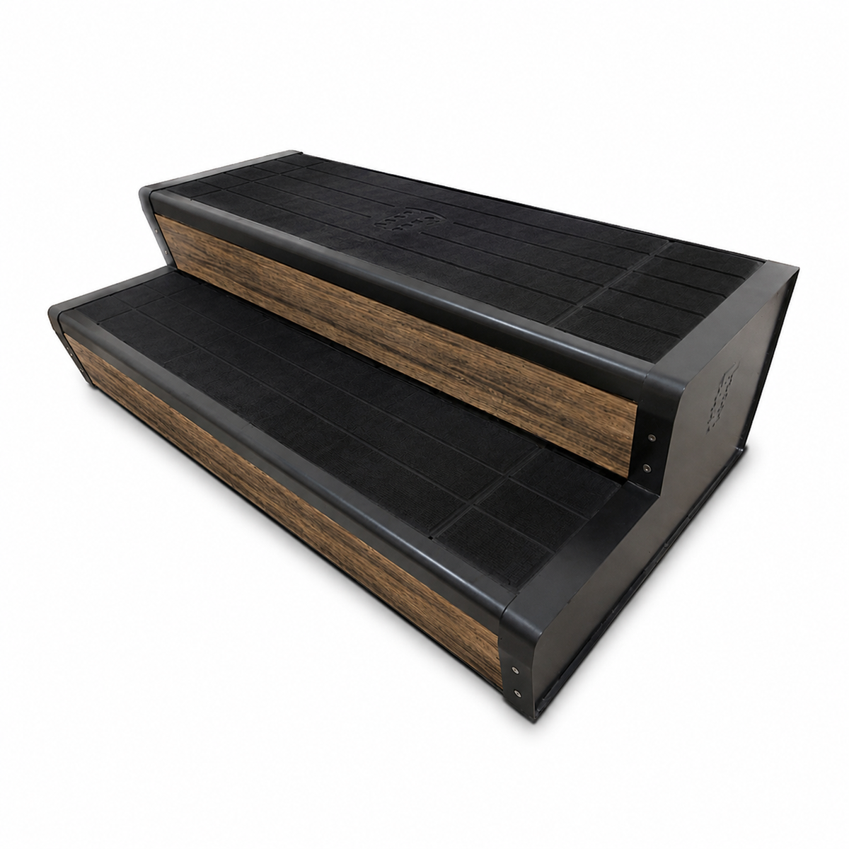 A two-step outdoor pet ramp with a black textured non-slip top surface and a brown wood-look side panel, shown on a plain white background.