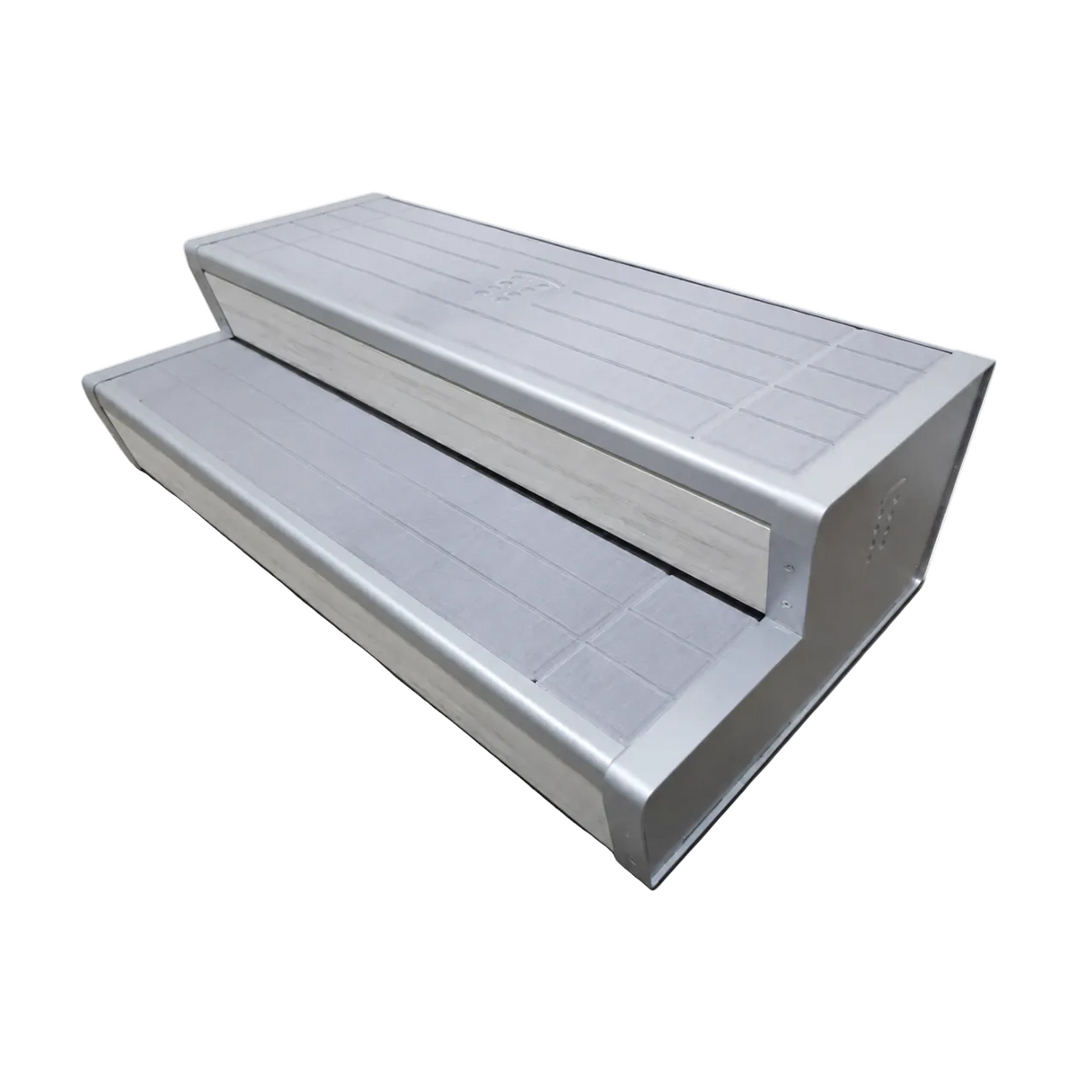 A modern two-step outdoor staircase with a sleek metallic silver finish, featuring textured non-slip surfaces and a compact side-mounted light fixture, shown on a clean white background.