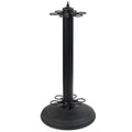 A Matte Black metal cue stand that holds 6 cues with a round base on a white background
