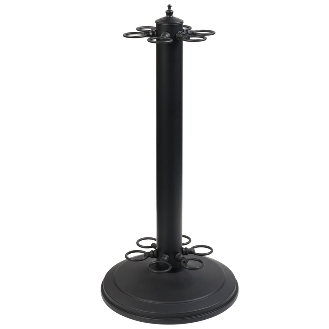 A Matte Black metal cue stand that holds 6 cues with a round base on a white background