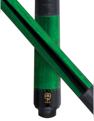 Close-up of a green G342 billiards cue shaft with black ferrule and black textured grip, featuring McDermott Cues and USA marking