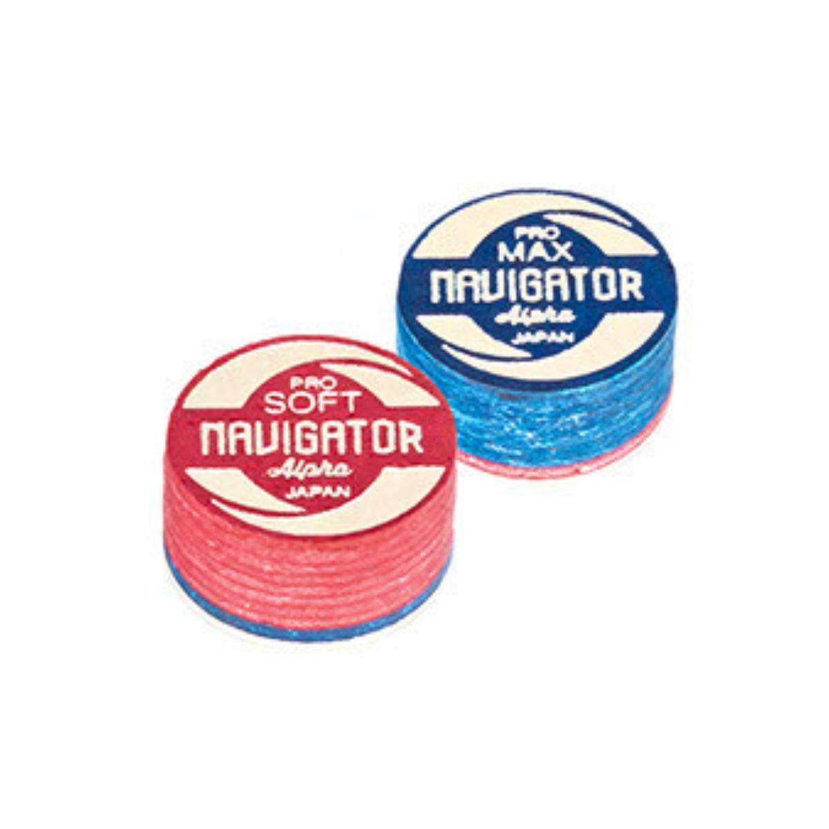 Two layered Navigator Alpha Pro cue tips on a white background: Red Pro Soft in front and Blue Pro Max behind, with labelled tops.