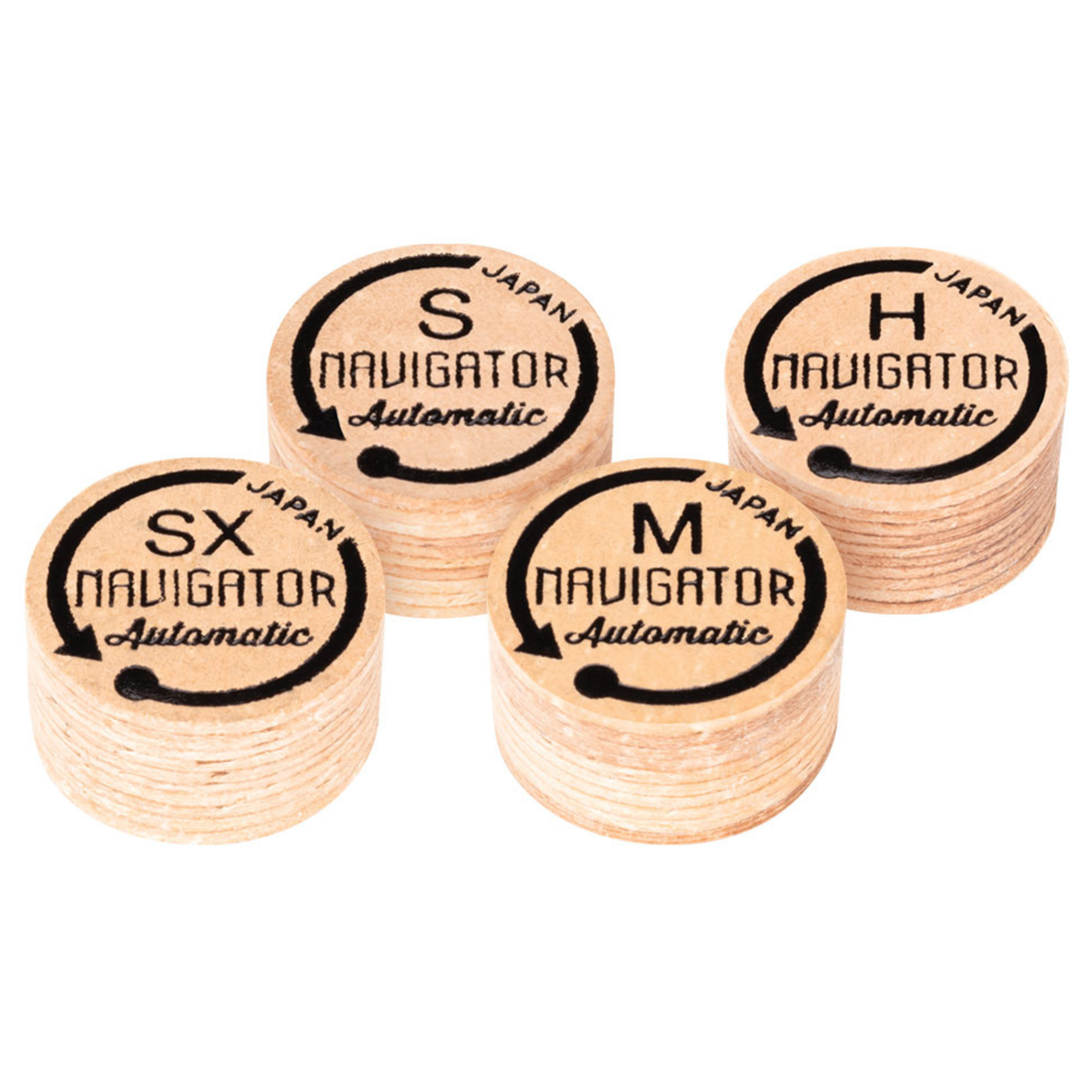 Four tan Navigator Automatic cue tips with visible leather layers and black topside markings labeled SX, S, M and H.