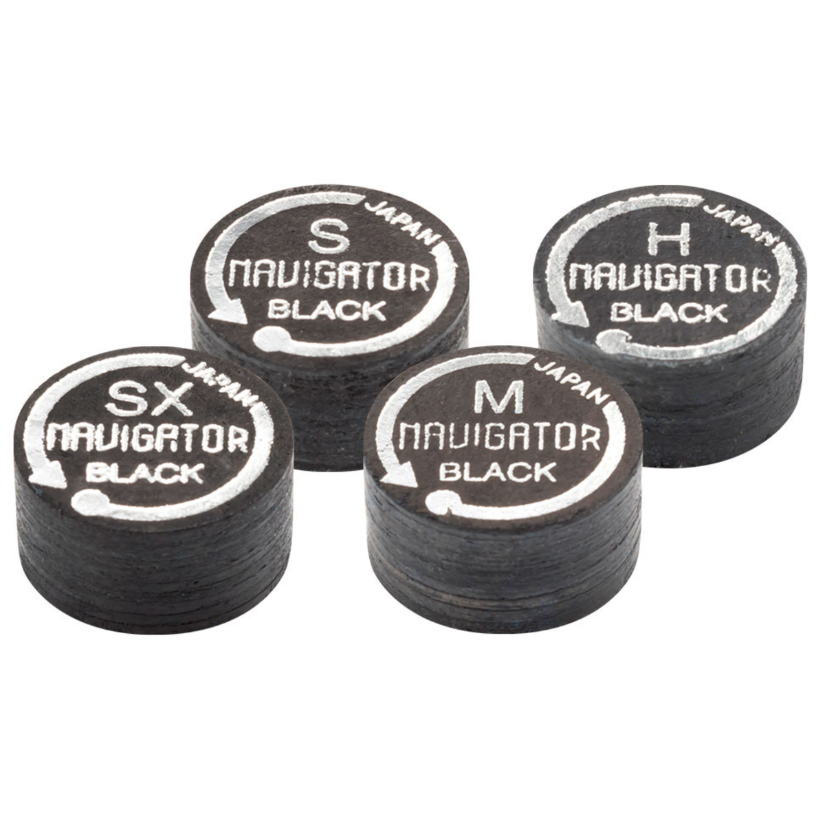 Four black Navigator Black cue tips with visible leather layers and white topside markings labeled SX, S, M and H.