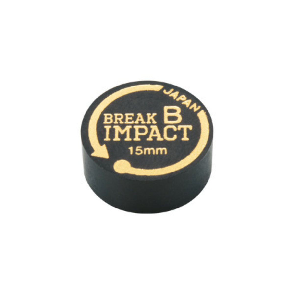 Navigator Break Impact 15mm cue tip in black with gold lettering and circular arrows, shown at an angle on a white background.⠋