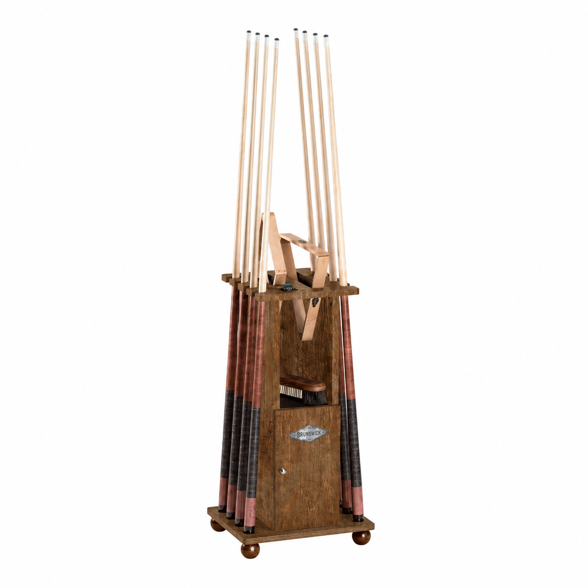 A Medium Brown Floor cue rack, shown holding 8 pool cues with a 8 ball and 9 ball rack. on a shelf below there is a pool table brush, all on a plain white background.