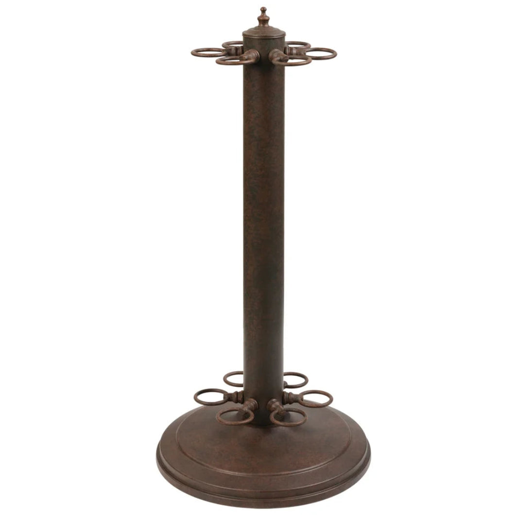 A weathered looking Old Brown metal cue stand that holds 6 cues with a round base on a white background Bronz